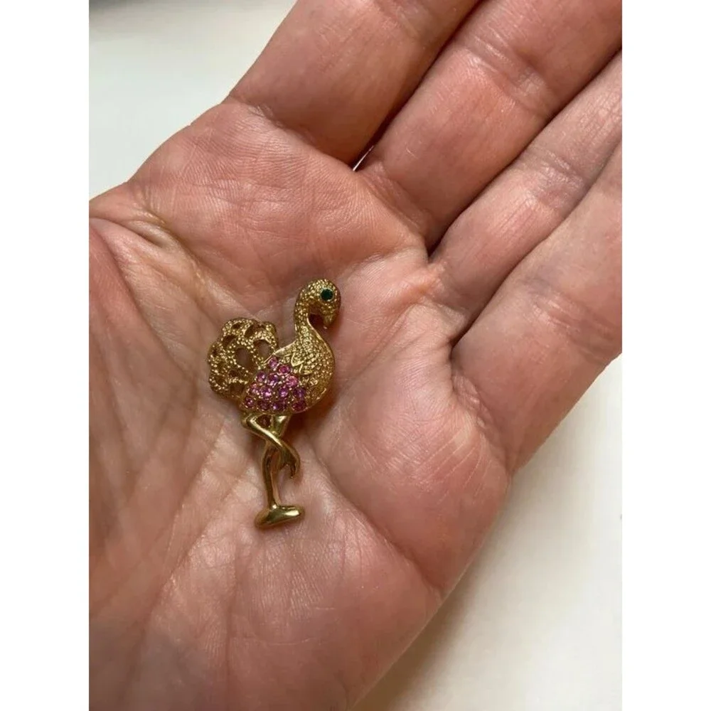 Costume jewelry goldstone pink flamingo rhinestone brooch